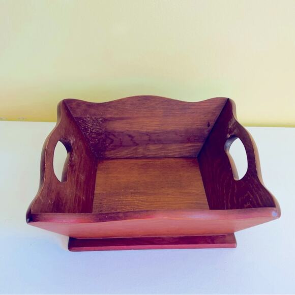 Vtg Mid Century Wood Square Fruit bread Bowl Centerpiece Decorative Handles - Picture 4 of 11